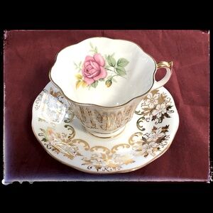 Queen Anne Teacup & Saucer Gold and White W/ One Pink Rose